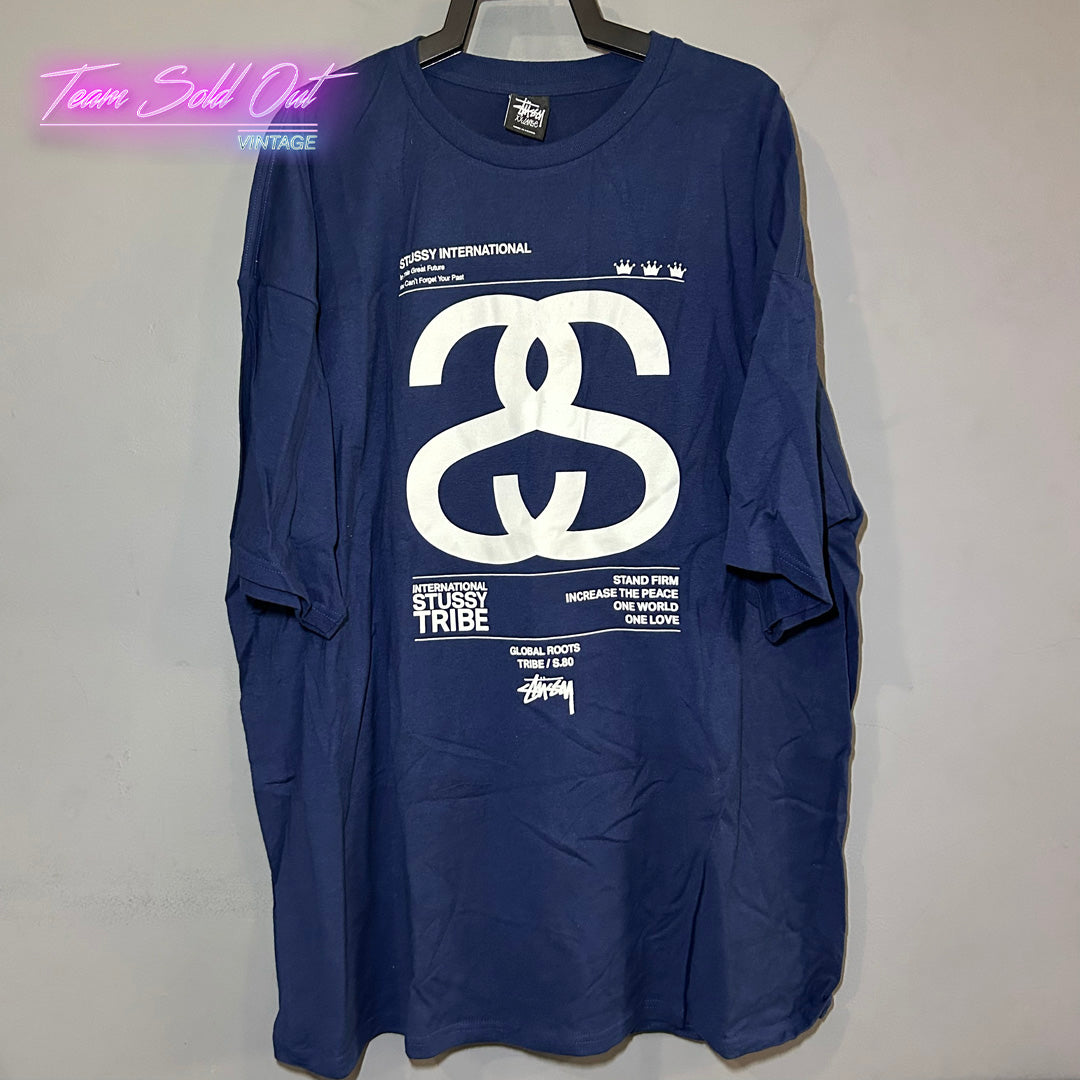 Vintage New Stussy Blue International Tribe Tee T-Shirt 2XL
