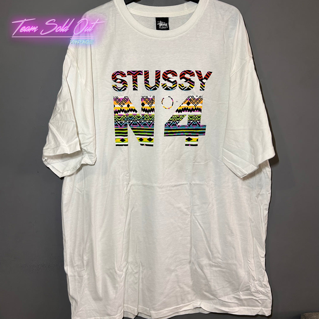 Vintage New Stussy White Tribal N 4 Tee T-Shirt 2XL