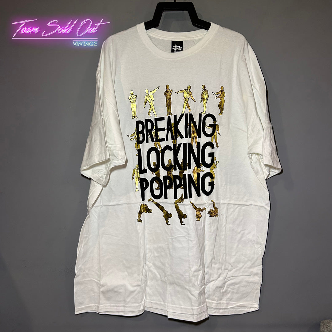 Vintage New Stussy x Robin Clare White Breaking Locking Popping Tee T-Shirt 2XL