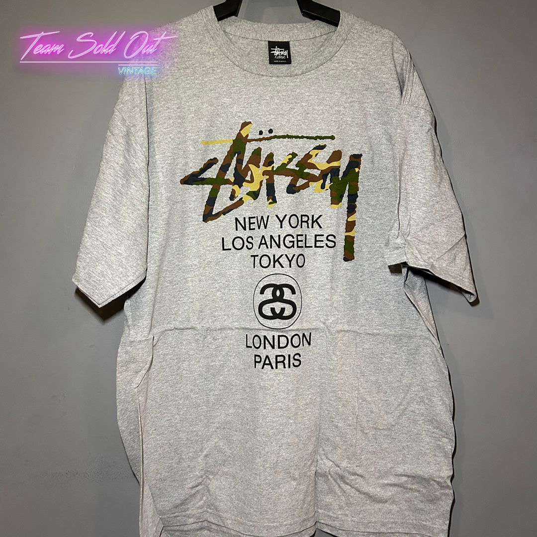 Vintage New Stussy Grey Camo World Tour Tee T-Shirt XL