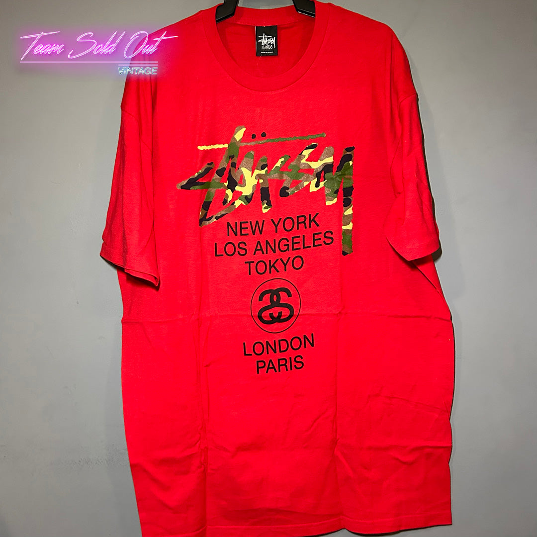 Vintage New Stussy Red Camo World Tour Tee T-Shirt XL