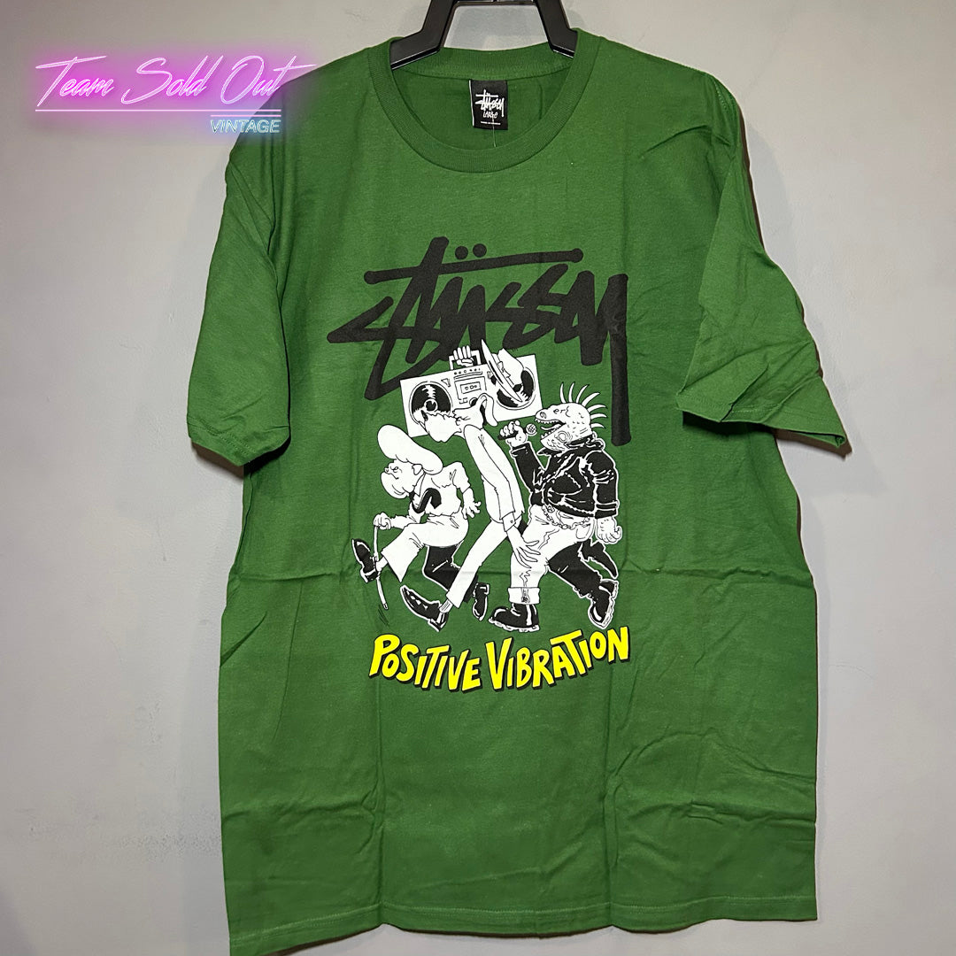 Vintage New Stussy Green Positive Vibration Tee T-Shirt Large