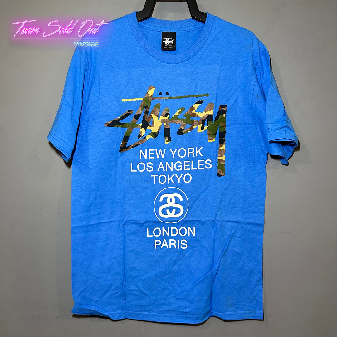 Vintage New Stussy Blue Camo World Tour Tee T-Shirt Medium