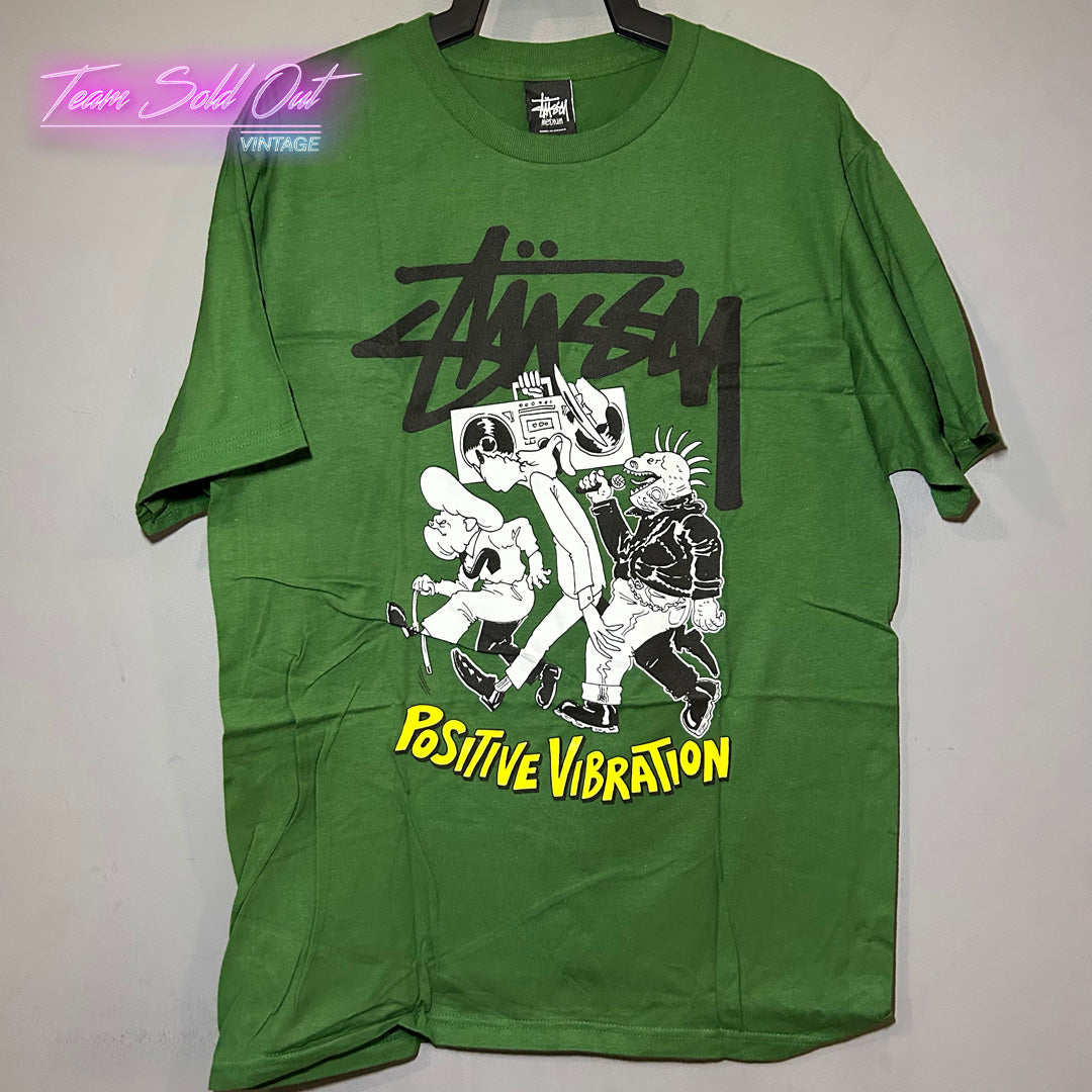 Vintage New Stussy Green Positive Vibration Tee T-Shirt Medium