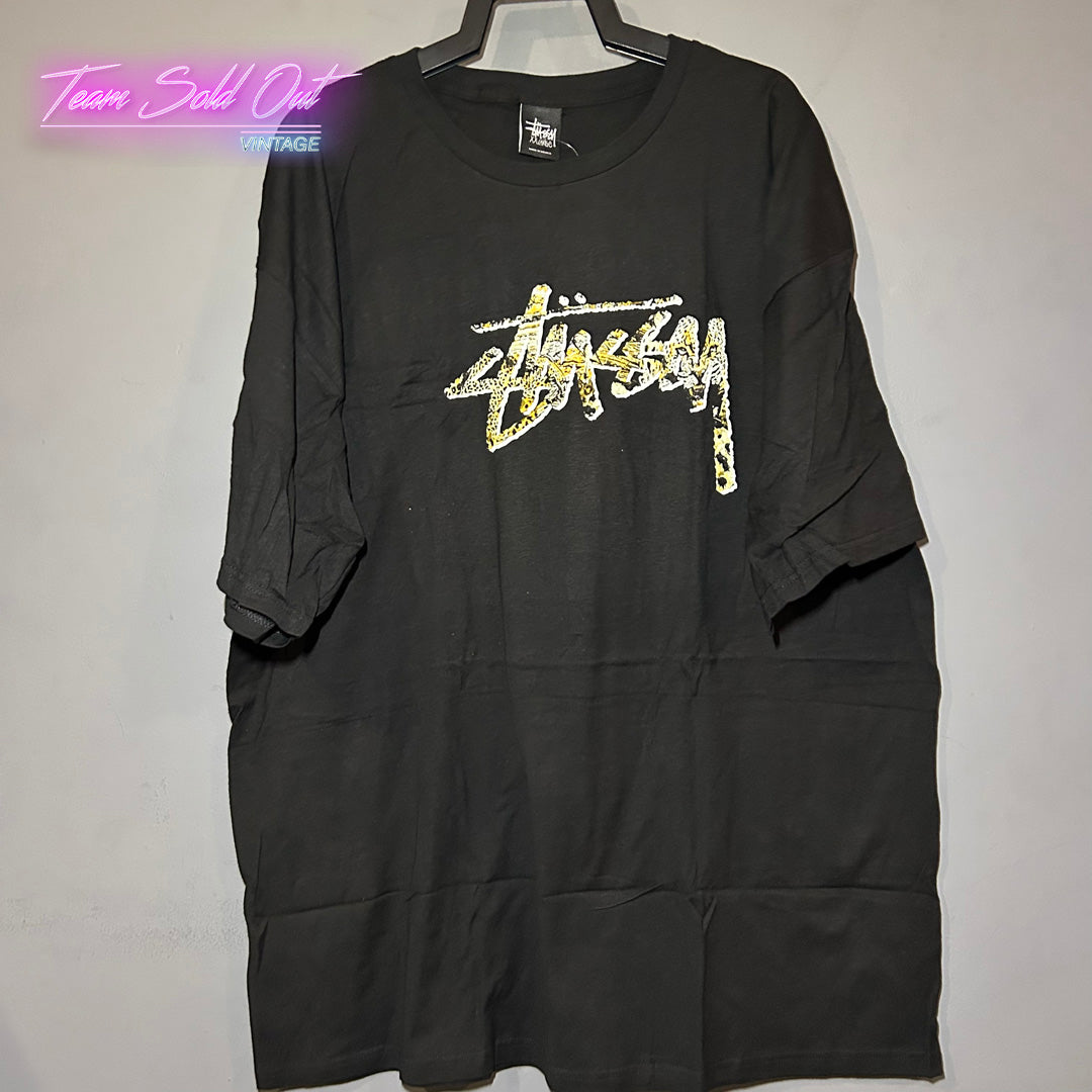 Vintage New Stussy Black Cheetah Stock Tee T-Shirt 2XL