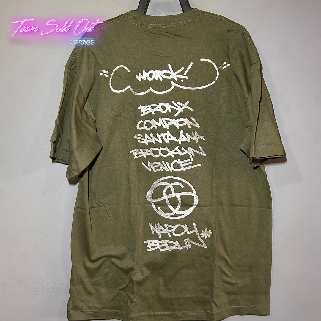 Vintage New Stussy Green Silver World Tour Tee T-Shirt XL