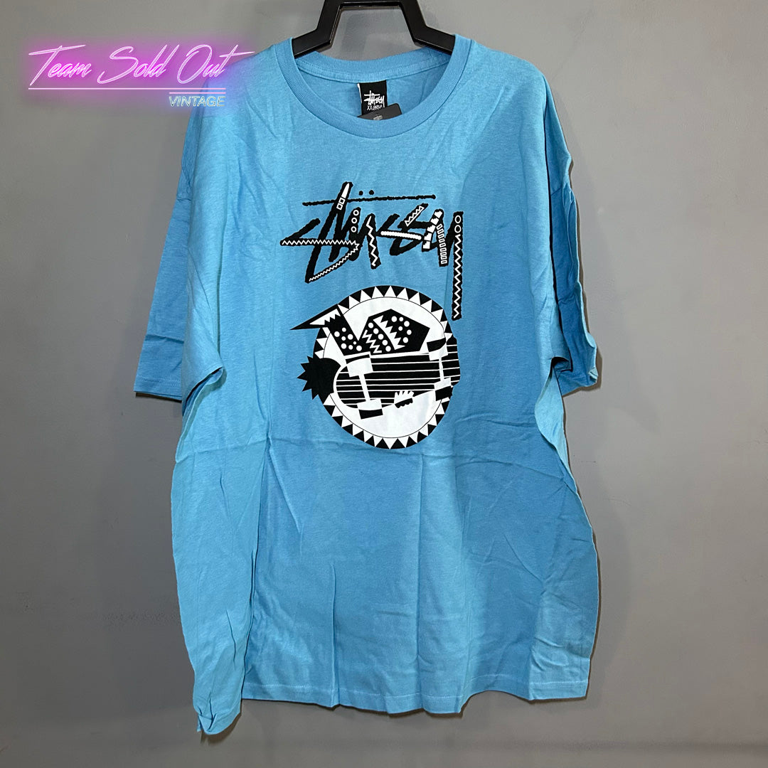 Vintage New Stussy Steel Blue Tribal Skate Tee T-Shirt 2XL