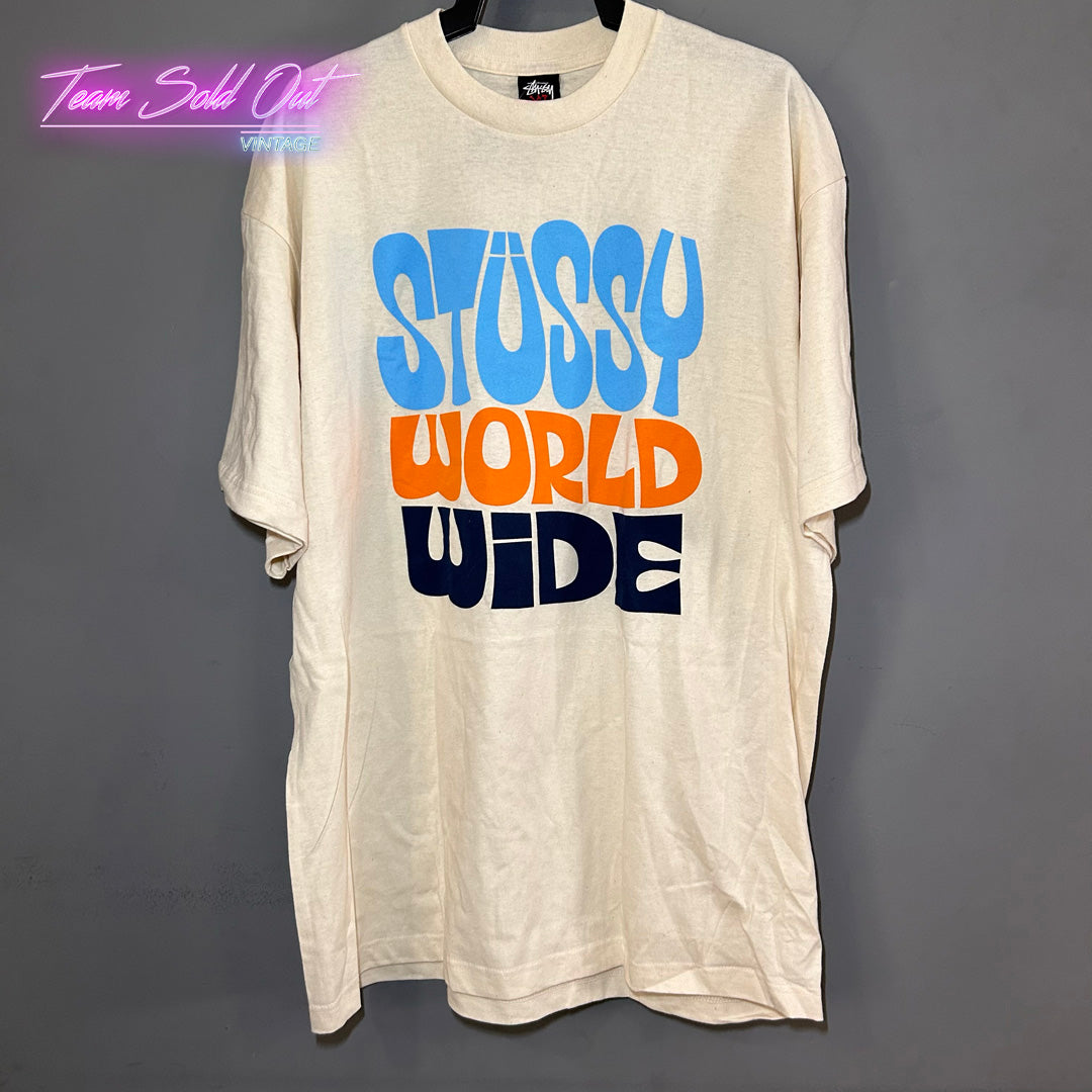 Vintage New Stussy Beige WorldWide Skull Tee T-Shirt XL