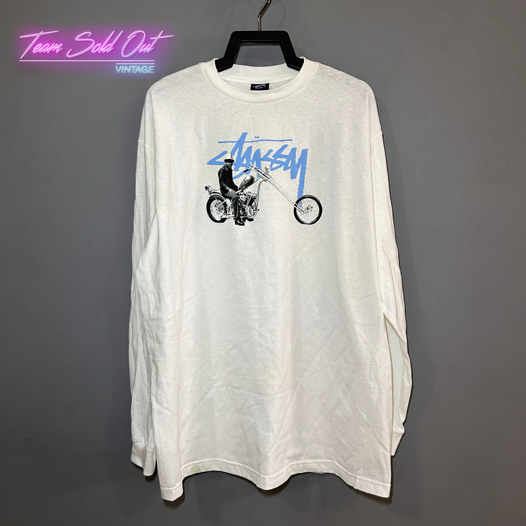 Vintage New Stussy White Motorcycle Made In USA Long-Sleeve Tee T 