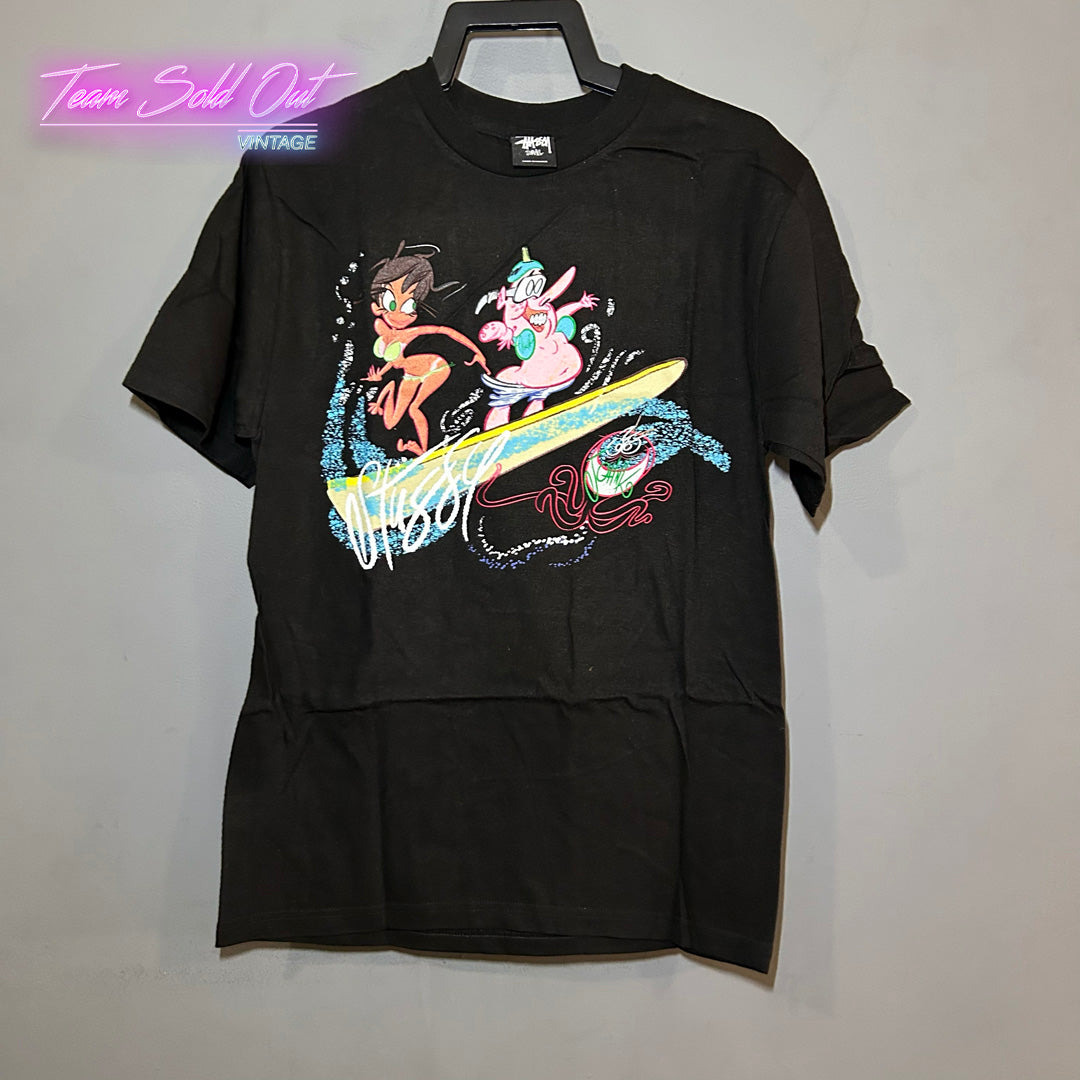 Vintage New Stussy Black Surfing Tee T-Shirt Small