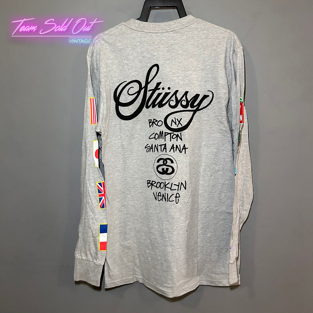 Vintage New Stussy Grey World Tour Long-Sleeve Tee T-Shirt Small