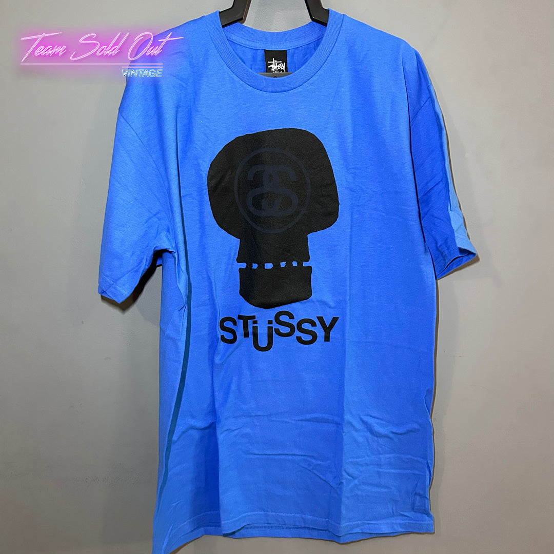 Vintage New Stussy Blue SS Skull Tee T-Shirt Large