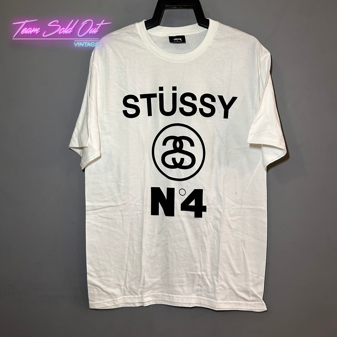 Vintage New Stussy White SS N 4 Tee T-Shirt Medium