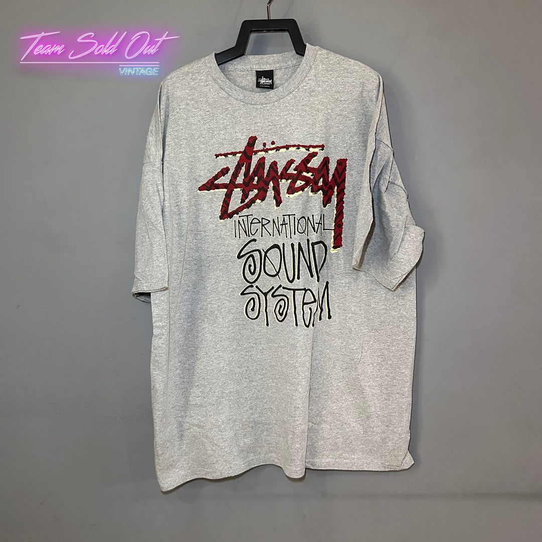 Vintage New Stussy Grey International Sound System Tee T-Shirt 2XL
