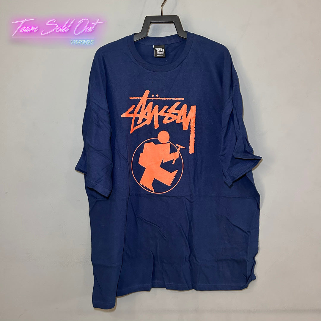 Vintage New Stussy Navy Hiking Man Tee T-Shirt 2XL