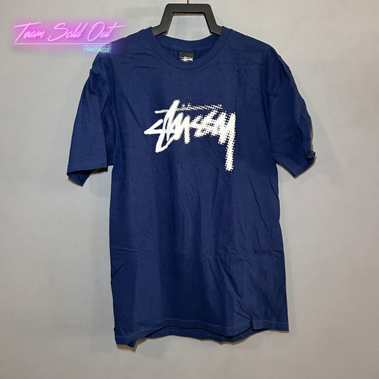 Vintage New Stussy Blue Plain Dot Logo Tee T-Shirt Medium