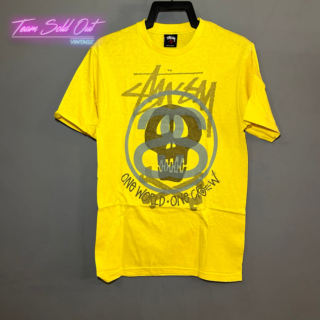 Vintage New Stussy Yellow SS One World One Crew Tee T-Shirt Small