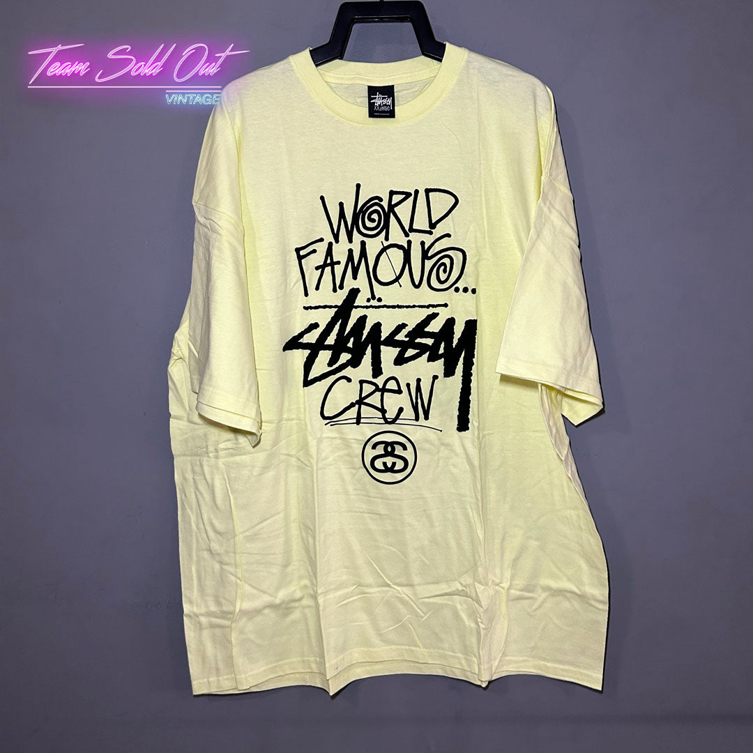 Vintage New Stussy Yellow World Famous Crew Tee T-Shirt 2XL