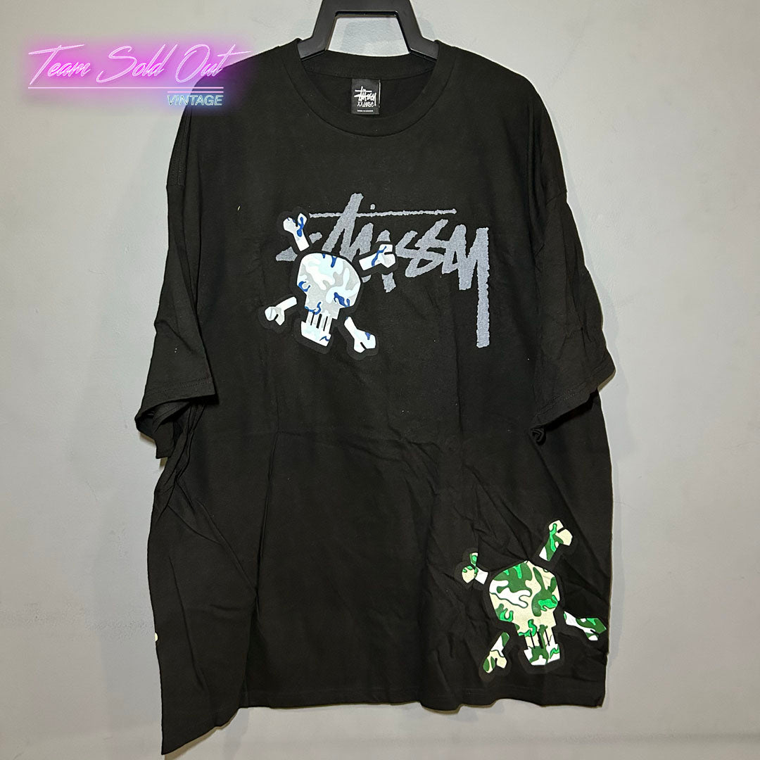 Vintage New Stussy Black Camo Skulls Tee T-Shirt 2XL