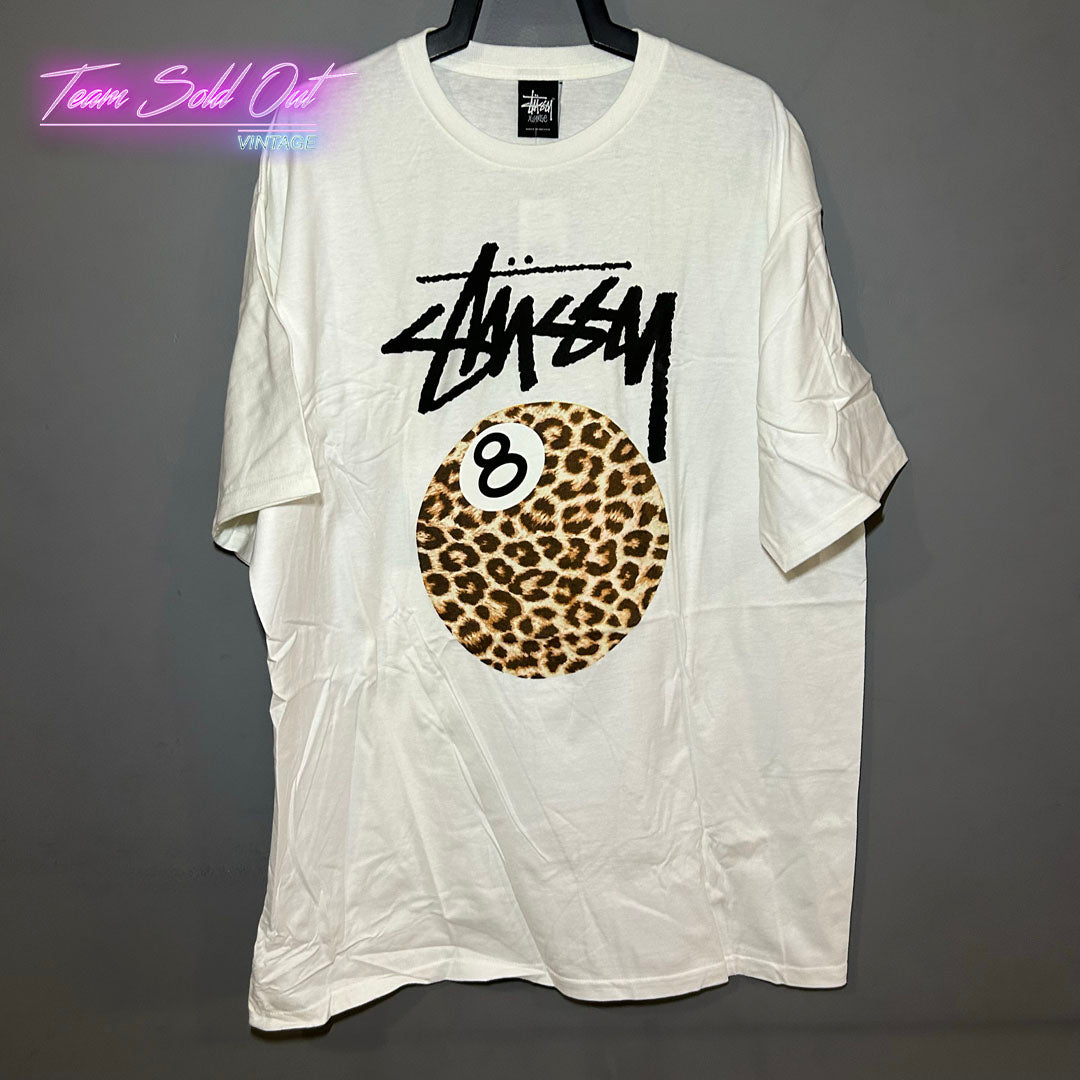 Vintage New Stussy White Cheetah Print 8 Ball Tee T-Shirt XL