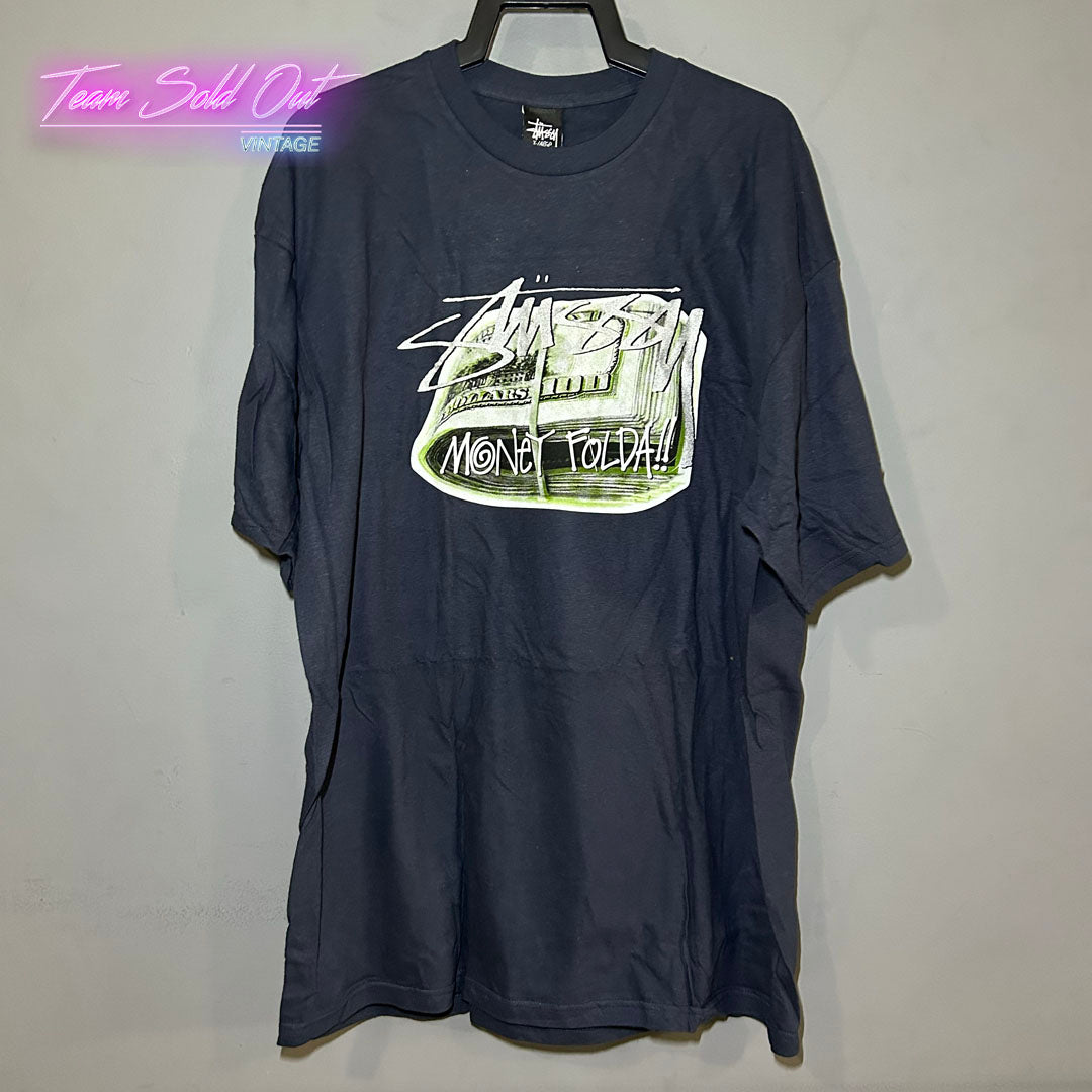 Vintage New Stussy Navy Money Folda Tee T-Shirt XL