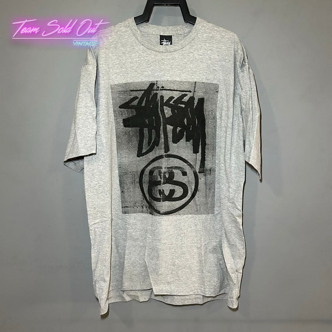 Vintage New Stussy Grey Stock Link Blur Tee T-Shirt XL