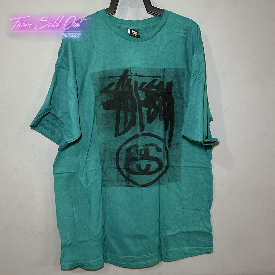 Vintage New Stussy Teal Stock Link Blur Tee T-Shirt XL