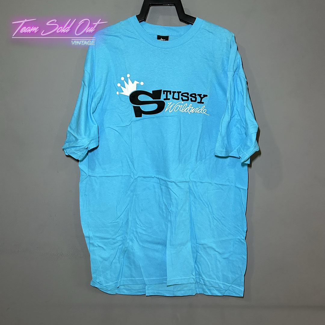 Vintage New Stussy Blue S Crown WorldWide Tee T-Shirt XL