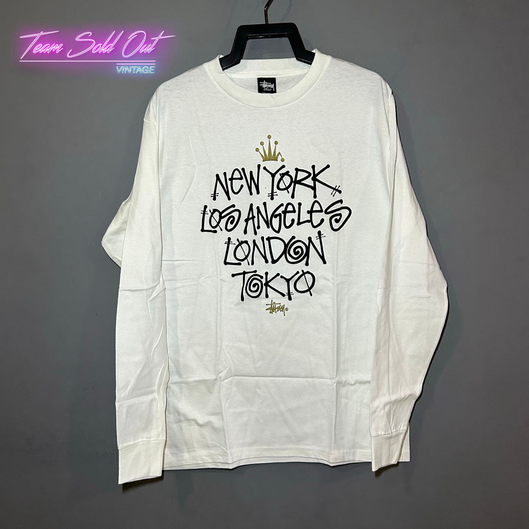 Vintage New Stussy White Long-Sleeve World Tour Tee T-Shirt Large