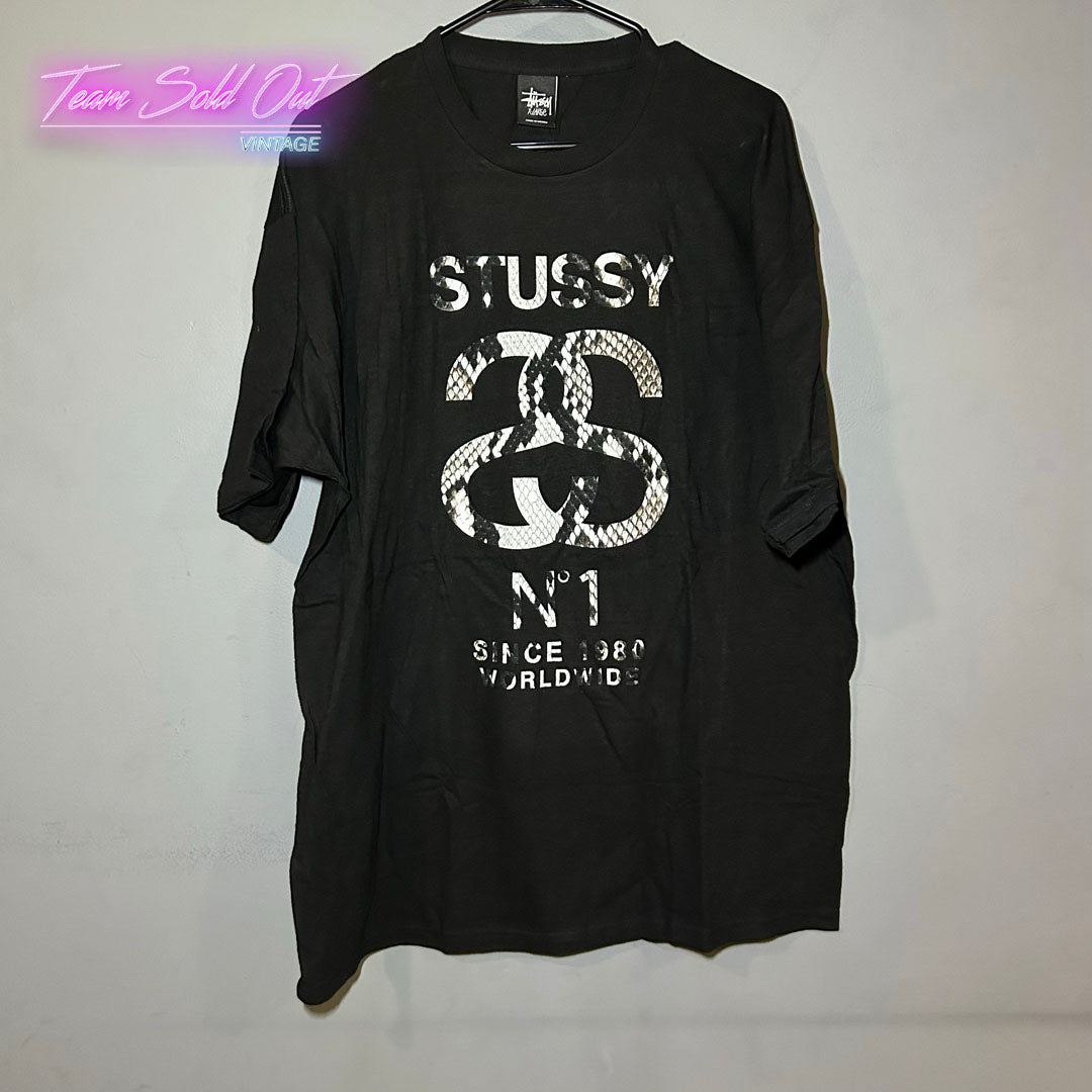 Vintage New Stussy Black Snake Skin SS World Wide Tee T-Shirt XL