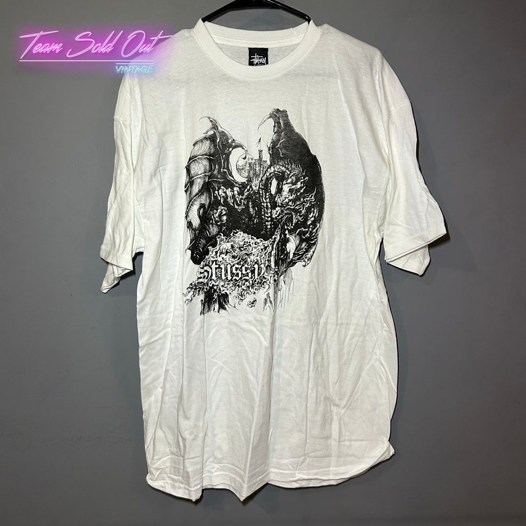 Vintage New Stussy White Fire Dragon Tee T-Shirt XL