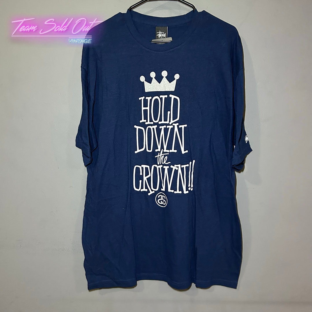 Vintage New Stussy Navy Hold Down The Crown Tee T-Shirt XL