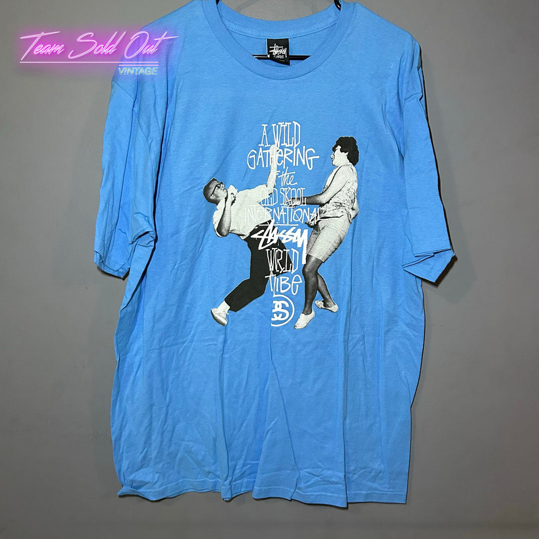 Vintage New Stussy Blue Old Skool International World Tribe Tee T-Shirt XL