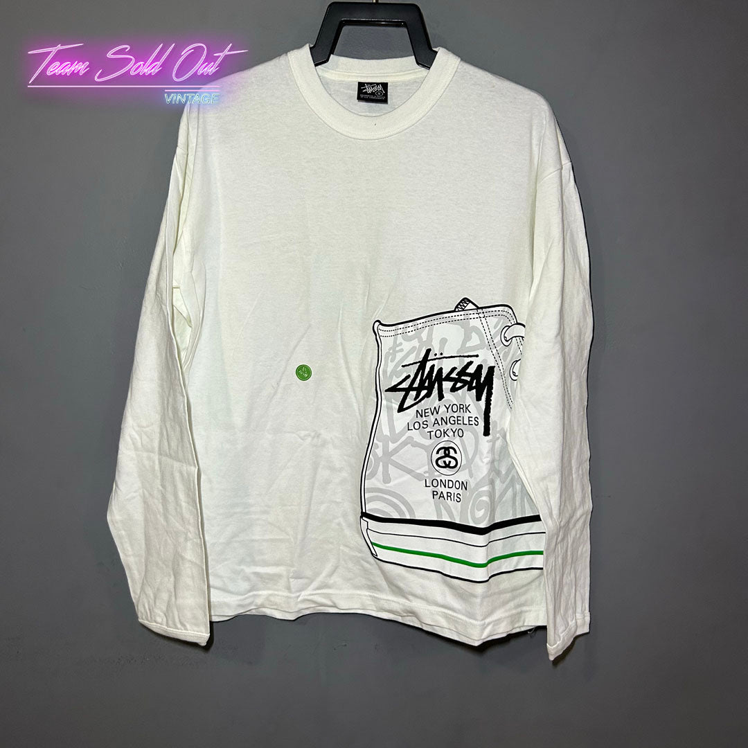 Vintage New Stussy White Converse World Tour Long-Sleeve Tee T-Shirt Small