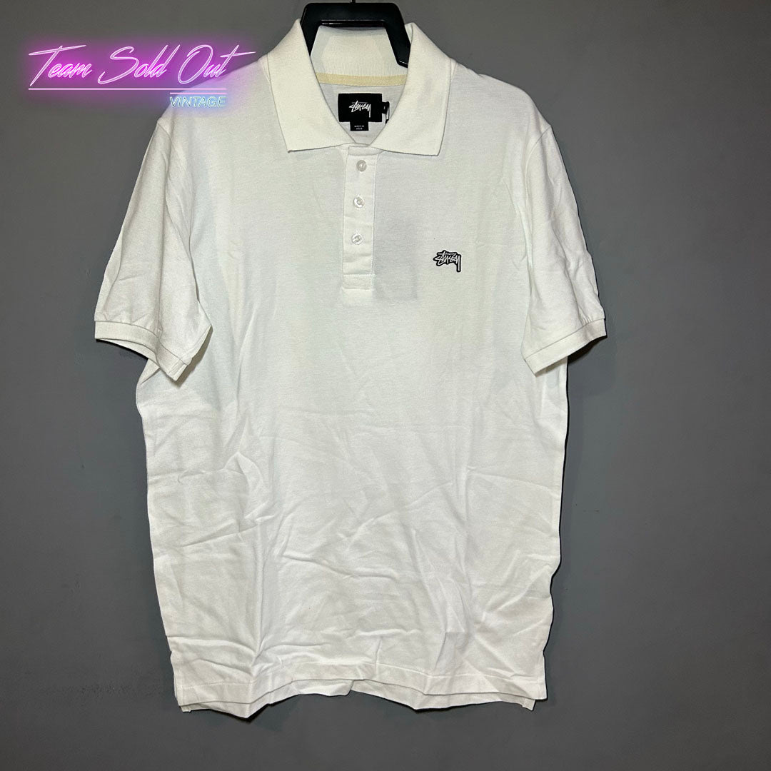 Vintage New Stussy White Pique Polo Tee T-Shirt Small