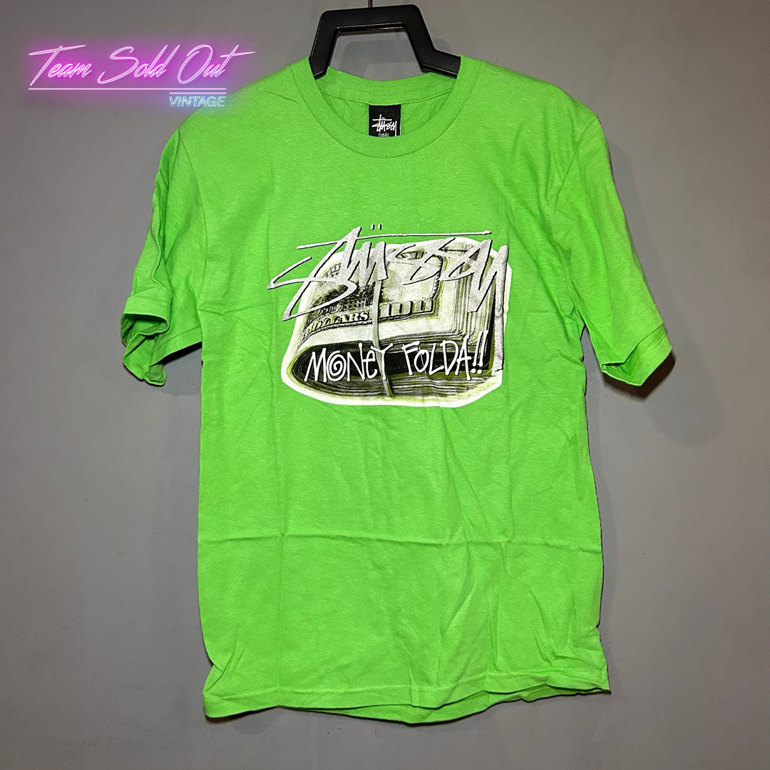 Vintage New Stussy Green Money Folda Tee T-Shirt Small