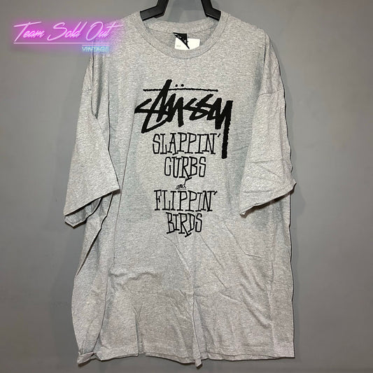Vintage New Stussy Grey Slappin Curbs and Flippin Birds Tee T-Shirt 2XL