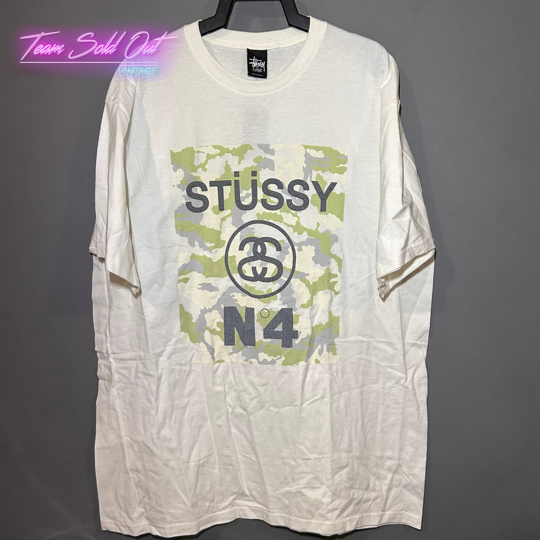 Vintage New Stussy White Camo N. 4 Tee T-Shirt XL