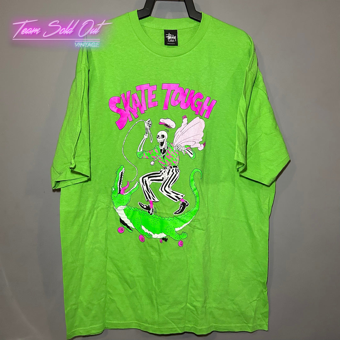 Vintage New Stussy Green Skeleton Skate Tough Tee T-Shirt XL
