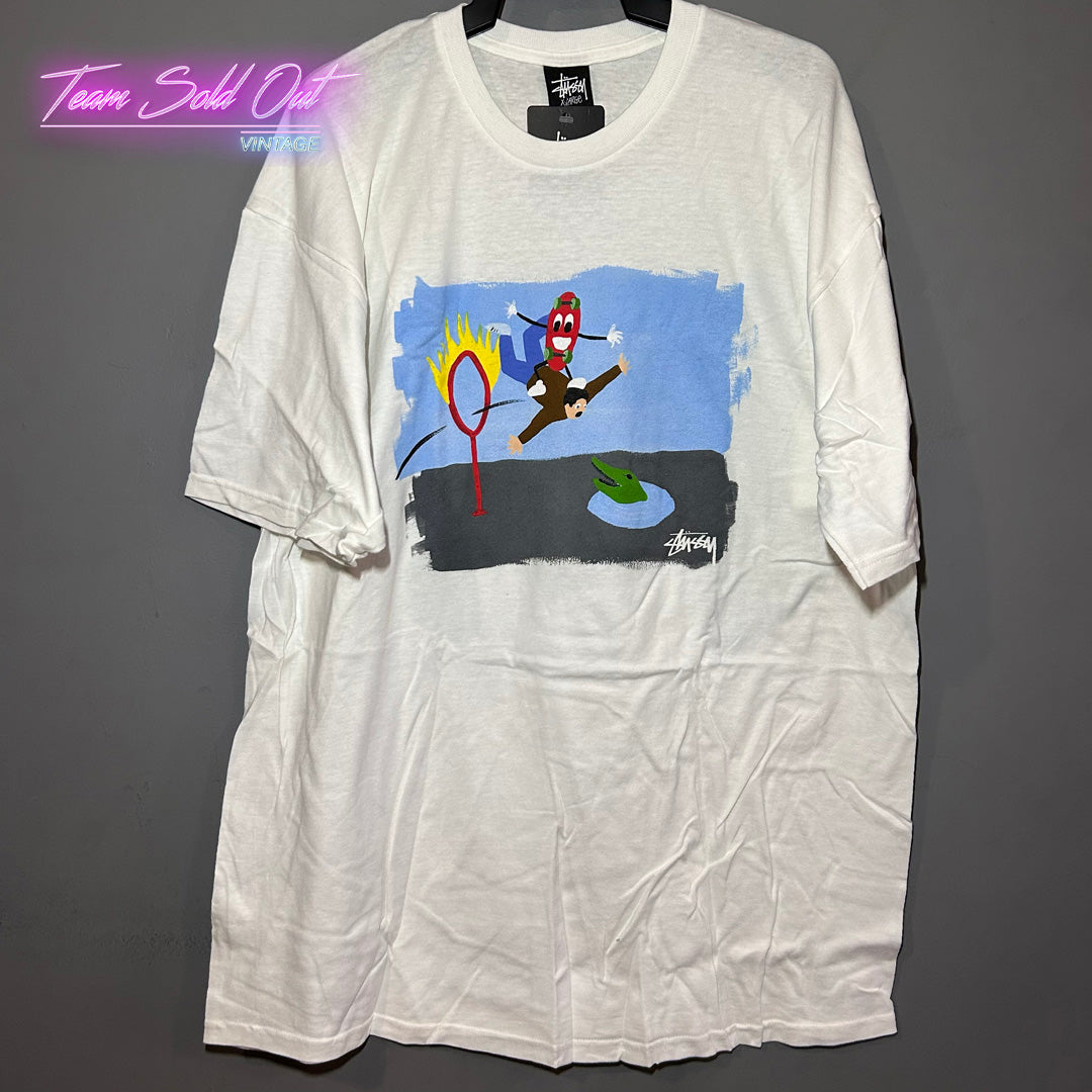 Vintage New Stussy x Jason Musson White SS Ring Of Fire Tee T-Shirt XL