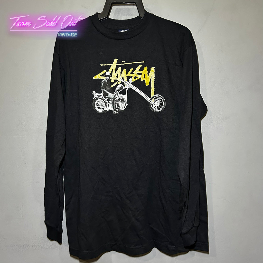Vintage New Stussy (Made In USA) Black Biker Long-Sleeve Tee T-Shirt Medium