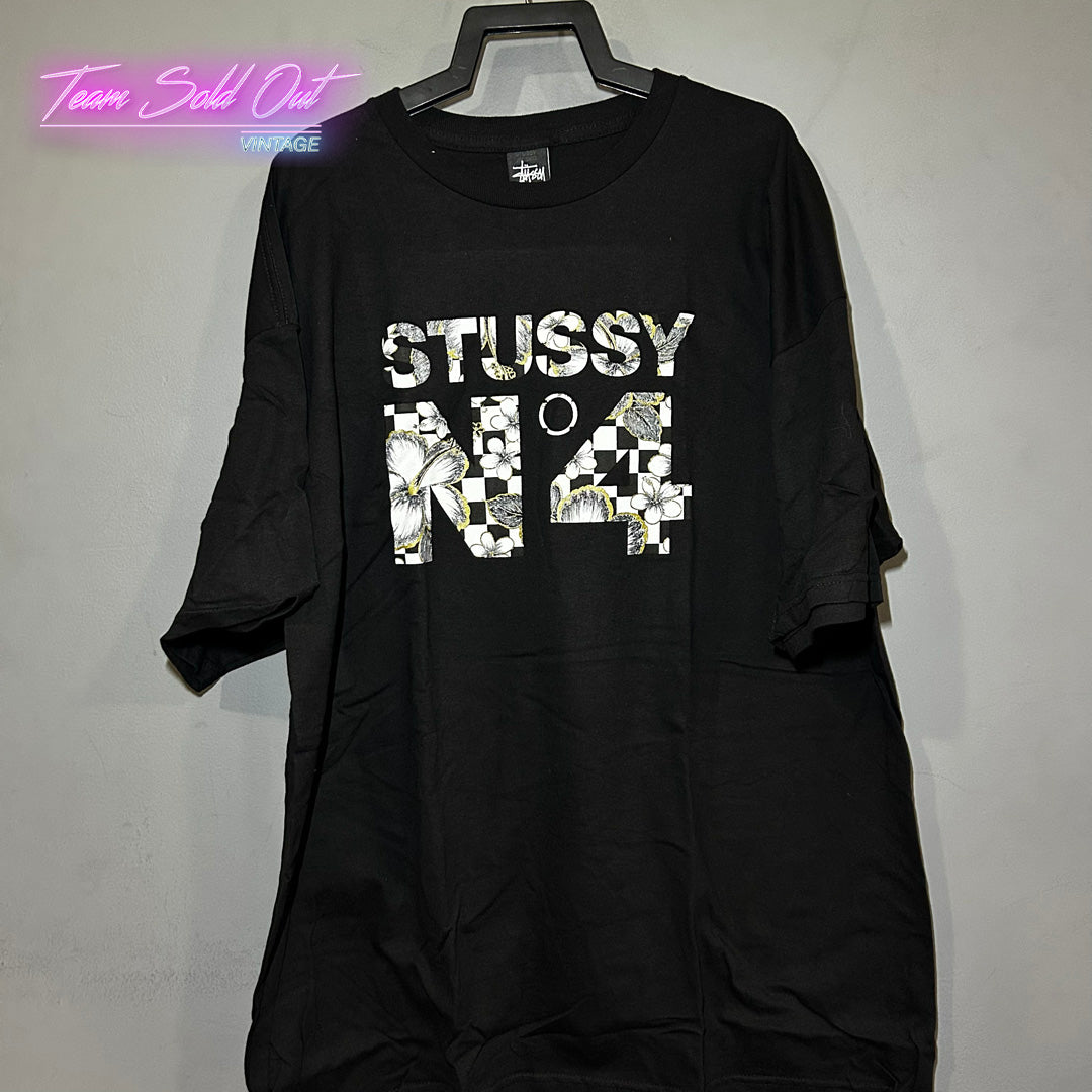 Vintage New Stussy Black No 4 Flower Check Tee T-Shirt XXL (2XL)