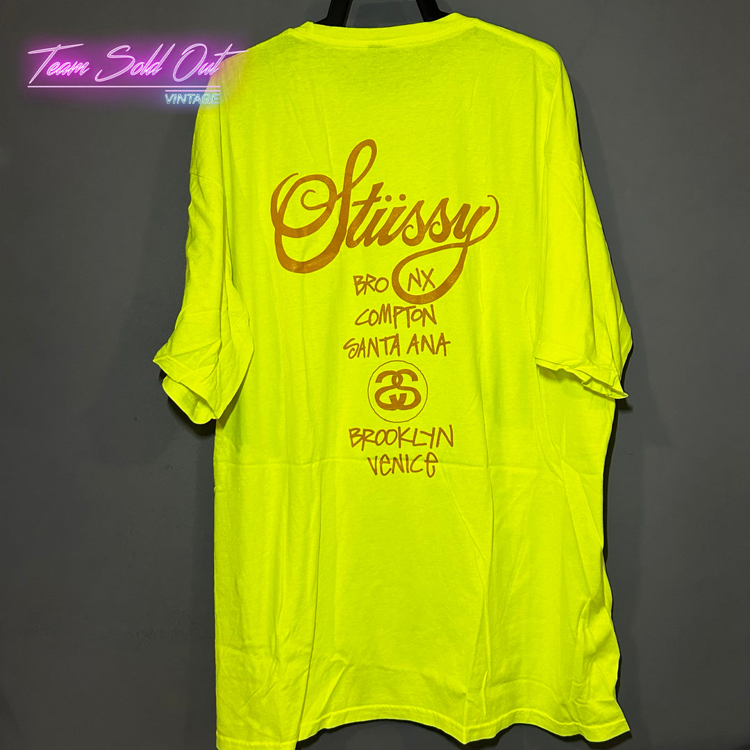 Vintage New Stussy Neon Yellow World Tour Tee T-Shirt XXL (2XL)