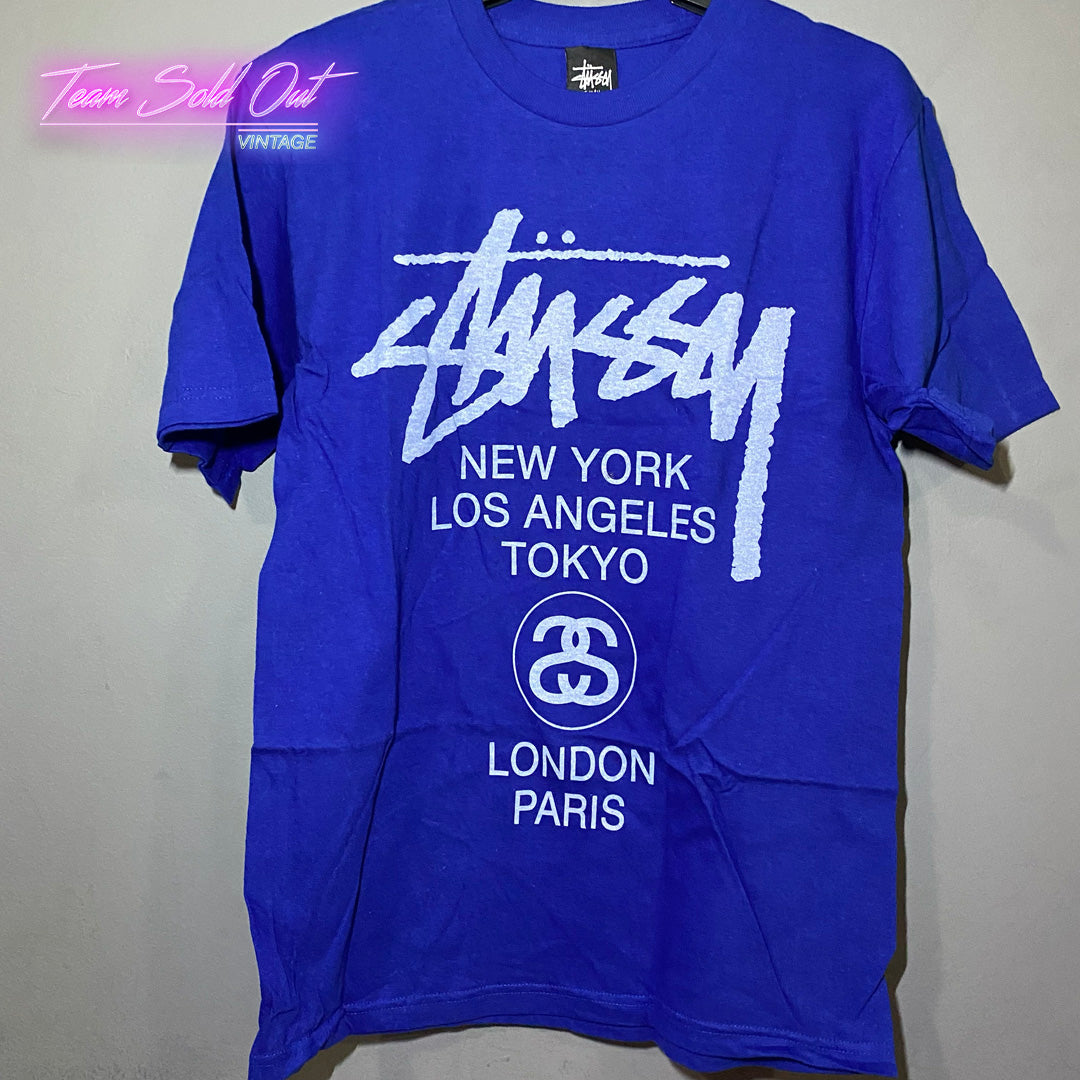 Vintage New Stussy Blue LS World Tour Tee T-Shirt Small