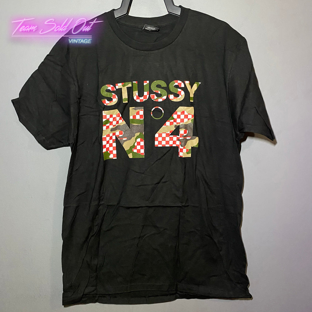 Vintage New Stussy Black No. 4 Camo Check Tee T-Shirt Medium